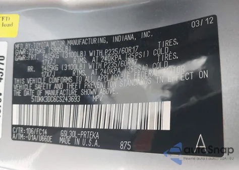 2012 Toyota Sienna Le V6 8 Passenger из США, поврежденный, VIN 5TDKK3DC6CS243693